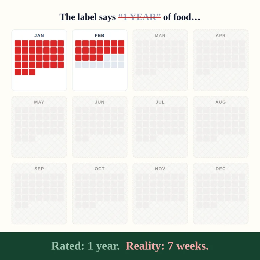 A 12-month calendar where only the first seven weeks are marked in red and the other ten months are grayed out — rated 1 year, reality 7 weeks