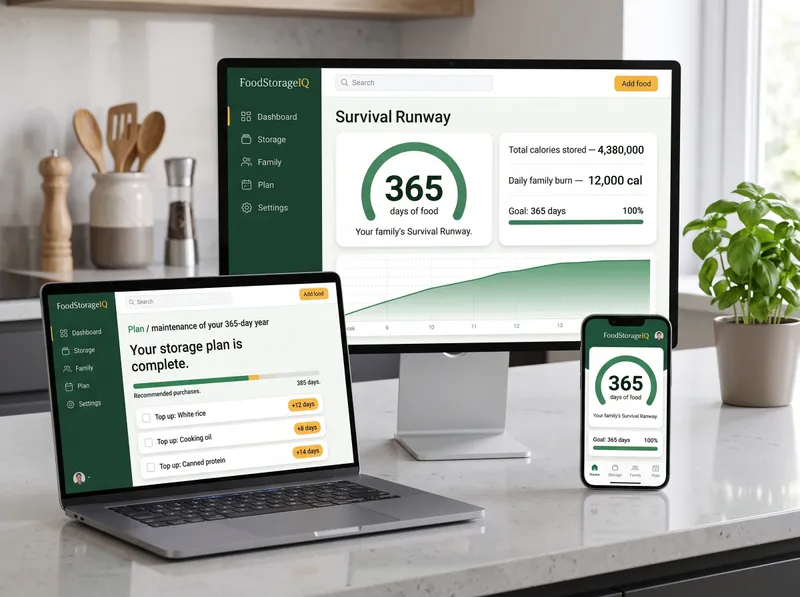 The FoodStorageIQ Survival Runway dashboard on a desktop monitor, laptop and phone