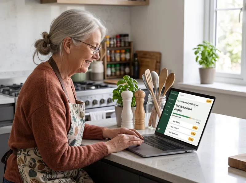 A confident grandmother using the FoodStorageIQ app on a laptop in her kitchen