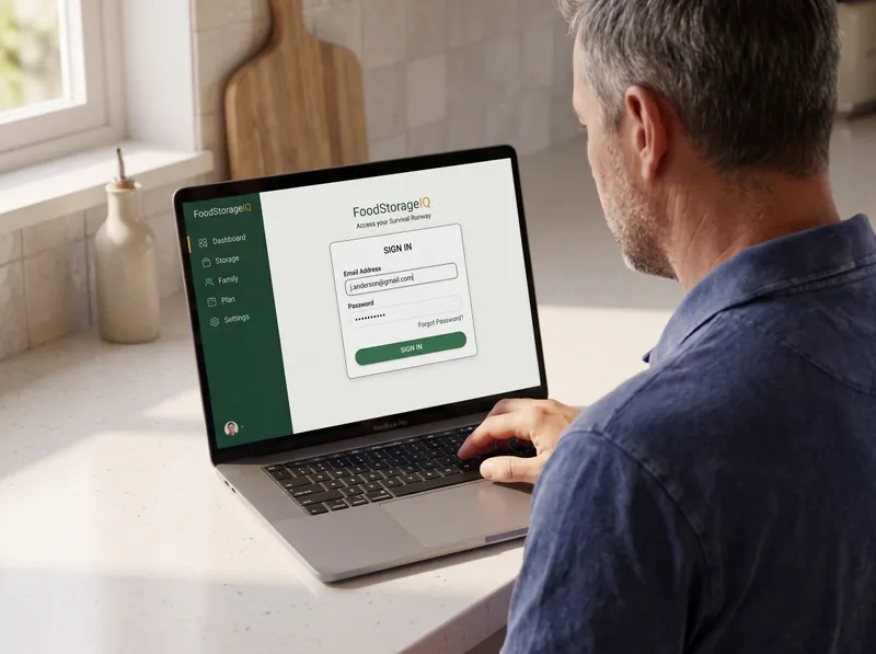 A man at his kitchen counter logging in to FoodStorageIQ on a laptop