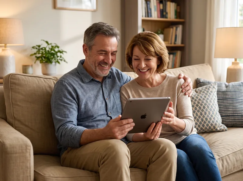 A relaxed couple on the sofa setting up FoodStorageIQ together on a tablet