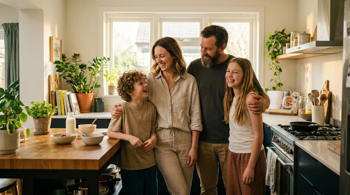 A relaxed family of four together in their sunlit kitchen