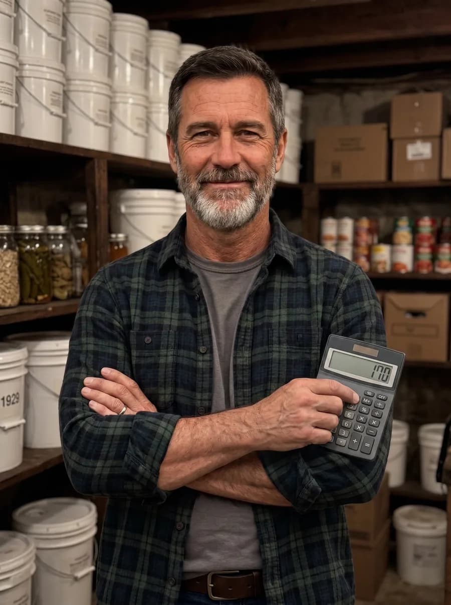 Marc Coleman, founder of FoodStorageIQ, in his basement food storage room holding the calculator he used to find his family's real number