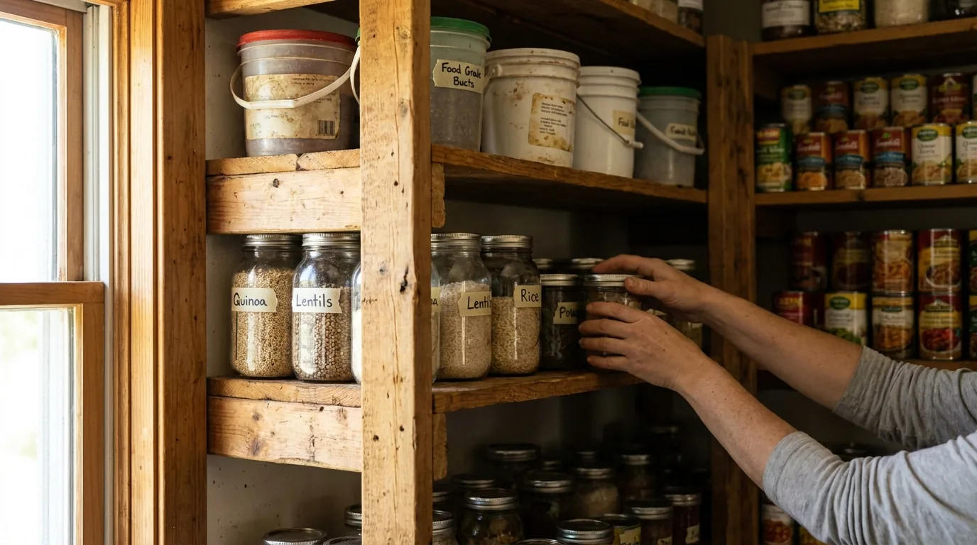 A well-stocked home food storage pantry with jars and buckets