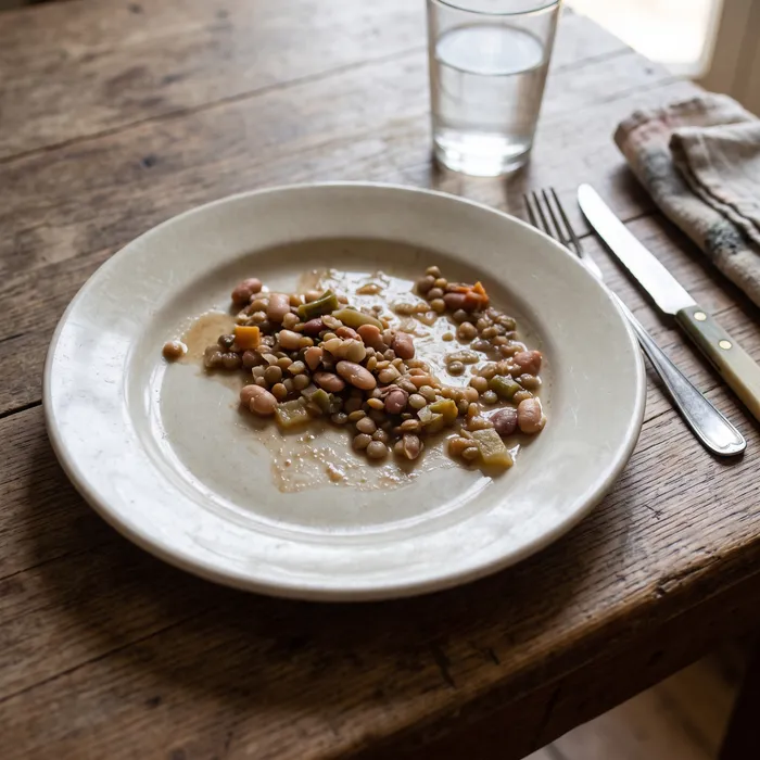 A nearly empty dinner plate with a small serving of beans
