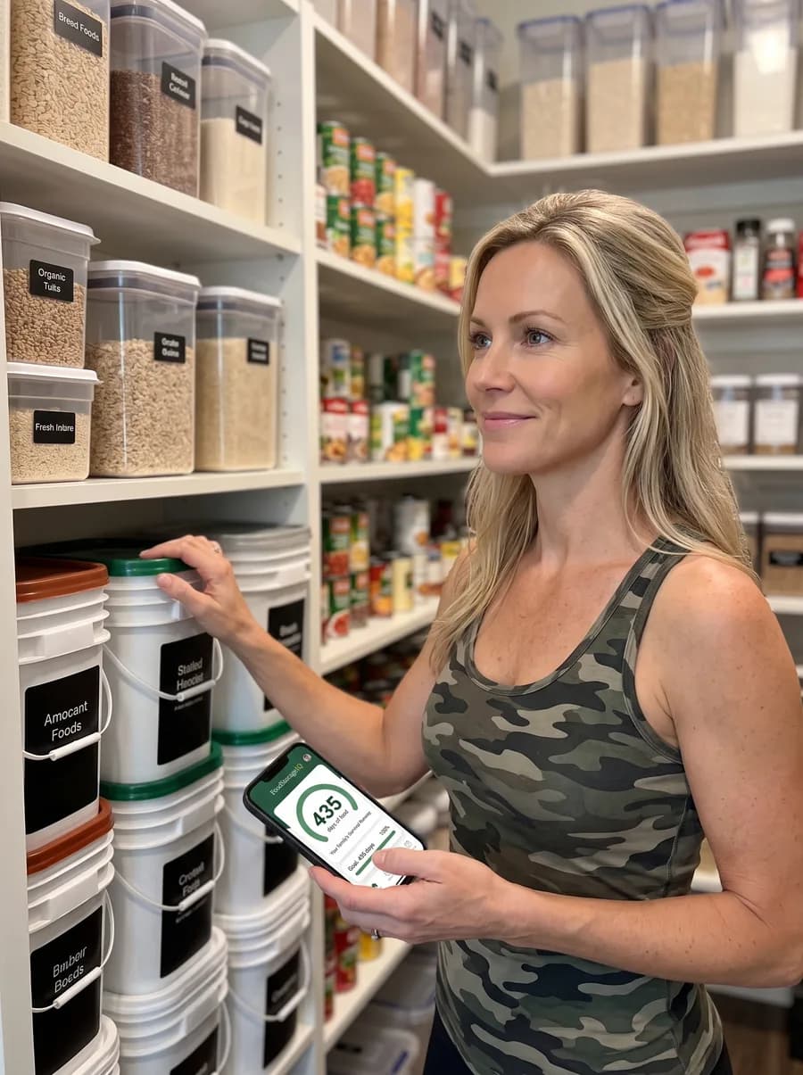 A calm, confident woman at her organized pantry shelves with the FoodStorageIQ app on her phone