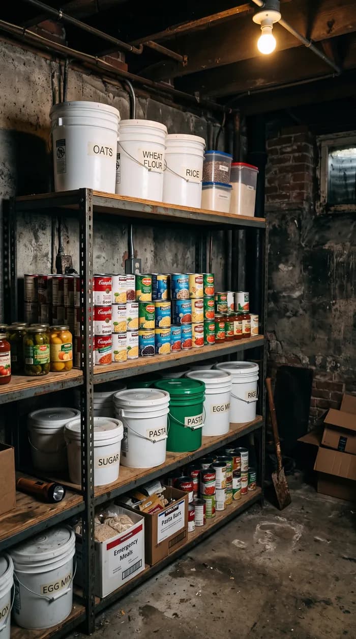 Basement shelves stacked with food storage buckets and canned goods